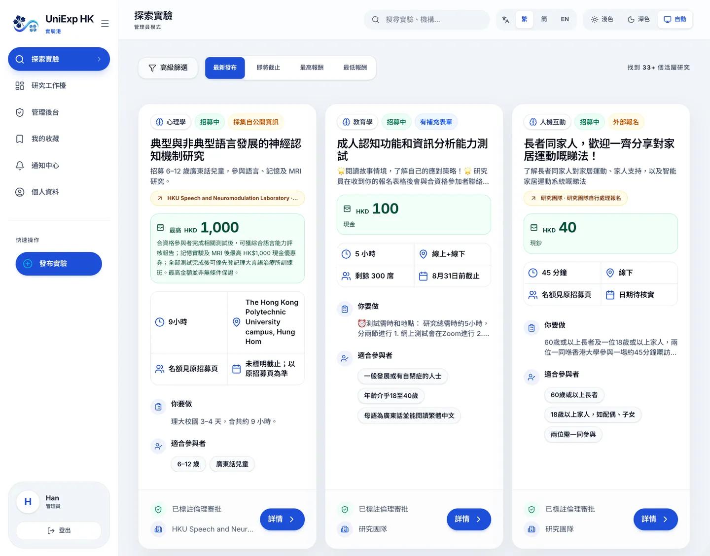 UniExp HK 实验港研究浏览页(管理员登录状态):侧栏列出探索实验、研究工作台、管理后台、我的收藏、通知中心与个人资料,右侧为研究卡片与筛选